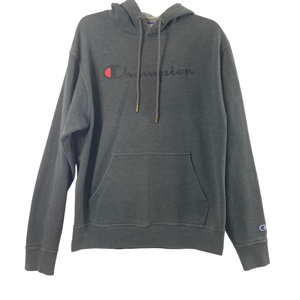 Champion Hoodie Mens M Gray Script Logo Pullover Fleece Athletic Sportswear